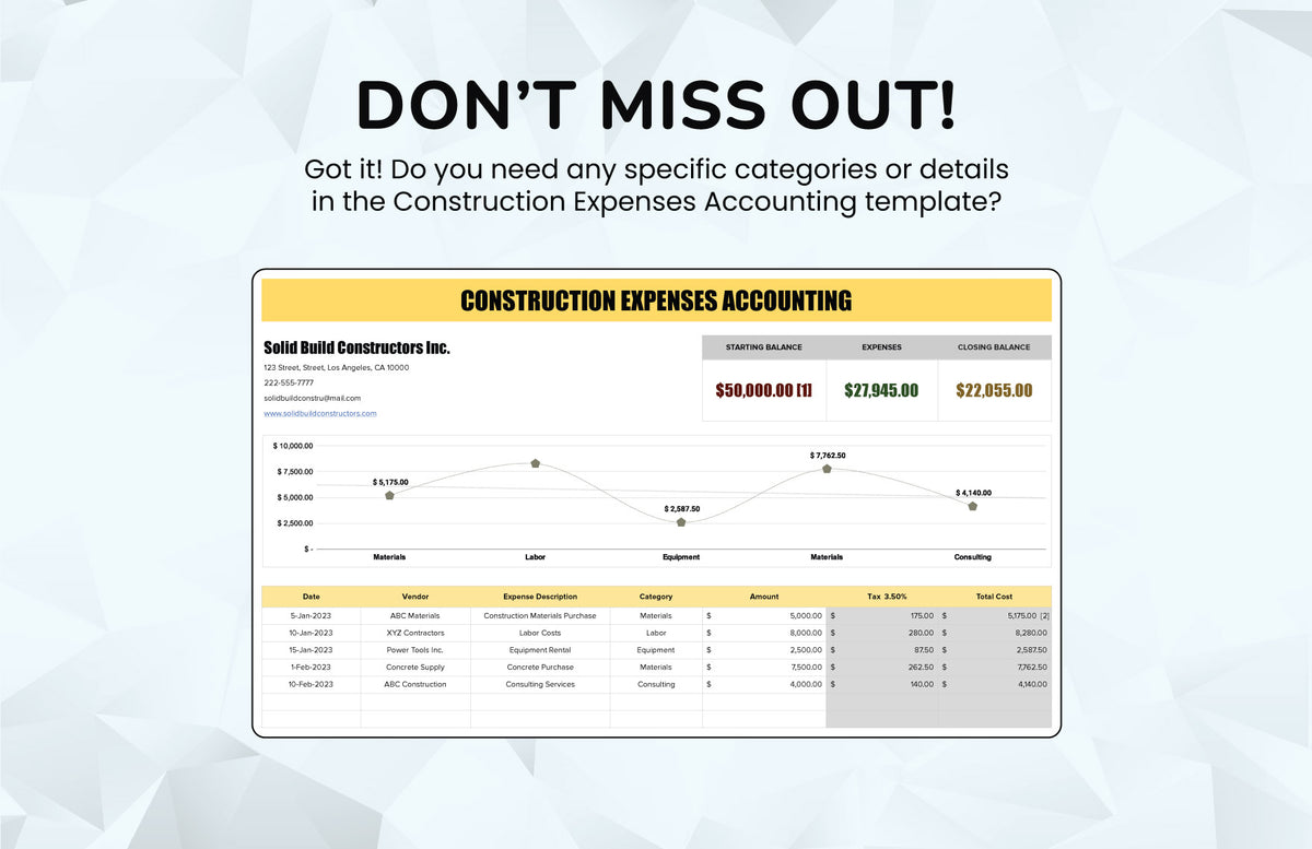 Construction Expenses Accounting Template