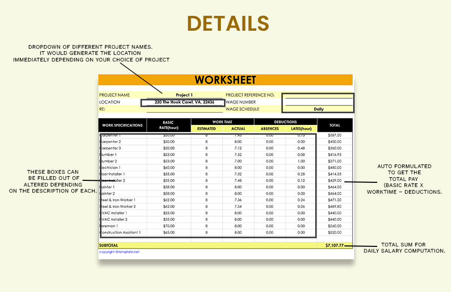 Construction Labor Worksheet Template