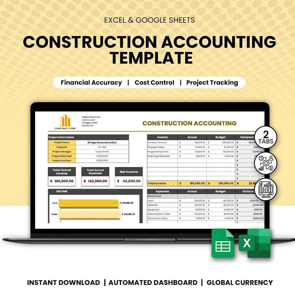 Construction accounting Excel template dashboard with income and expense tracking