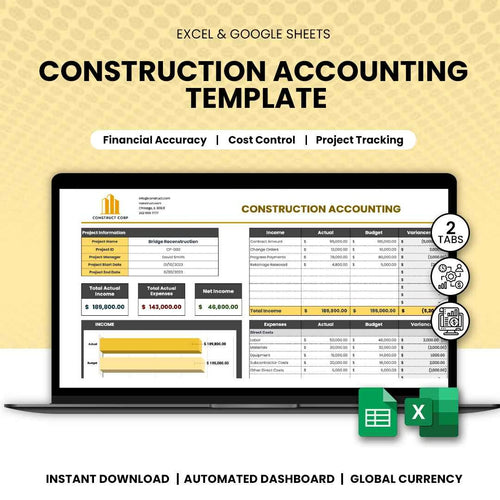 Construction accounting Excel template dashboard with income and expense tracking