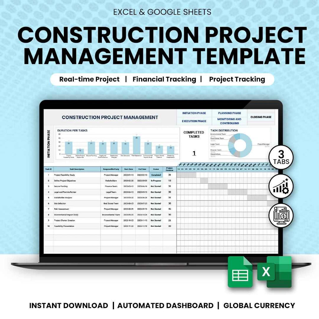 Construction project management Excel template dashboard view