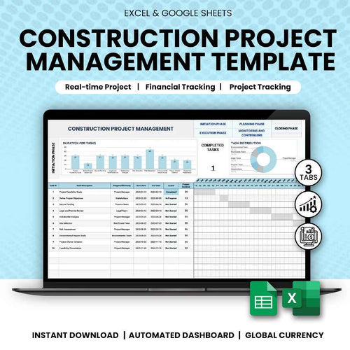 Construction project management Excel template dashboard view