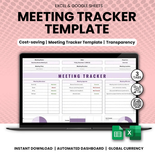 Meeting tracker Excel template dashboard showing agenda and attendees