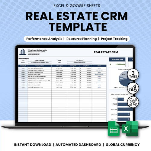 Real estate CRM Excel template dashboard showing leads and listings