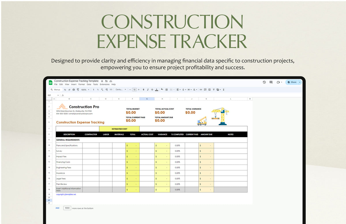 Construction Expense Tracking Template