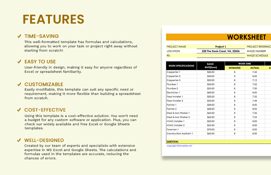 Construction Labor Worksheet Template